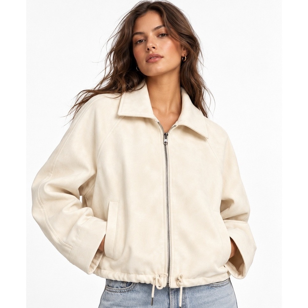 H&M Divided Womens Faux Suede Zip Up Bomber Jacket Cream Off White Small NEW